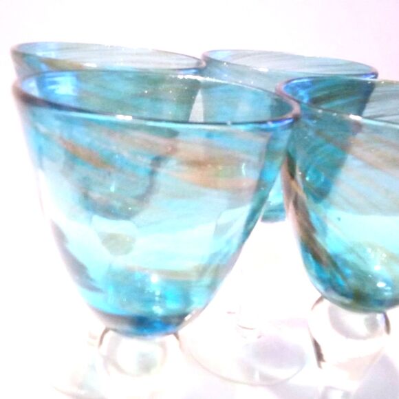 Set of Four Vintage Hand Blown Heavy Blue and Gold Swirl Goblets - Picture 3 of 5